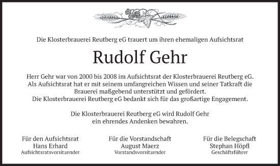 Traueranzeige von Rudolf Gehr von merkurtz