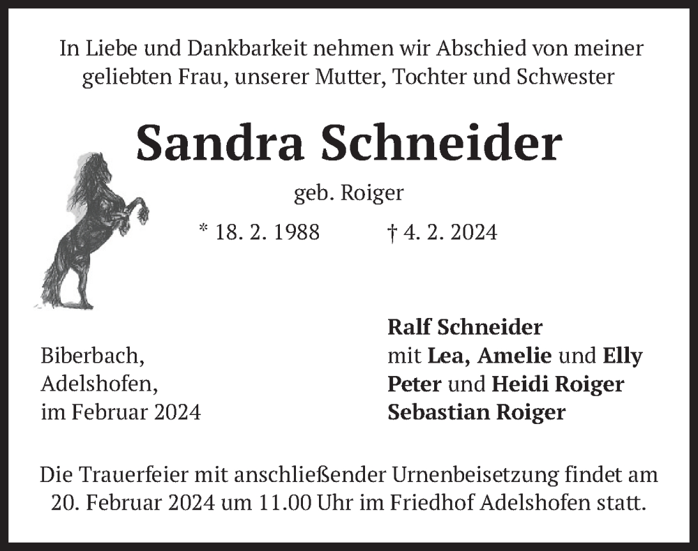  Traueranzeige für Sandra Schneider vom 10.02.2024 aus merkurtz