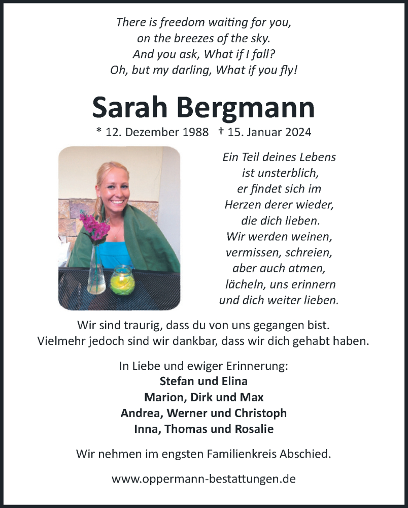 Traueranzeige für Sarah Bergmann vom 03.02.2024 aus merkurtz