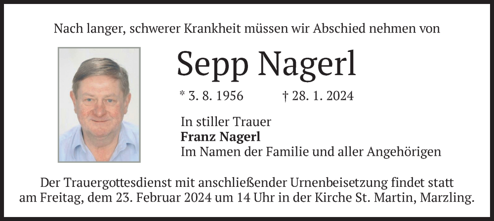  Traueranzeige für Sepp Nagerl vom 17.02.2024 aus merkurtz