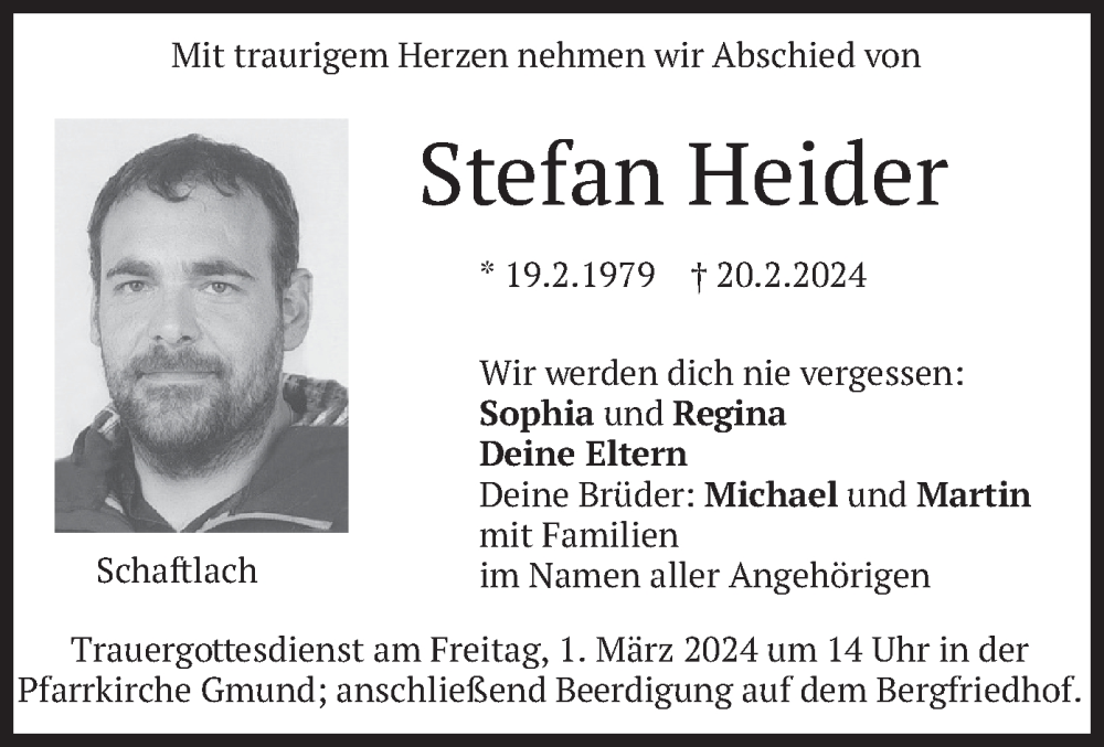  Traueranzeige für Stefan Heider vom 27.02.2024 aus merkurtz