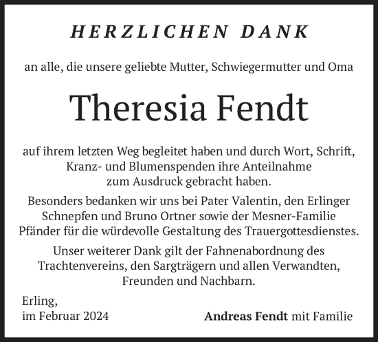 Traueranzeige von Theresia Fendt