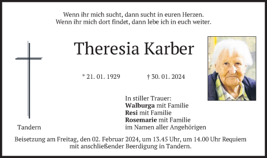 Traueranzeige von Theresia Karber von merkurtz