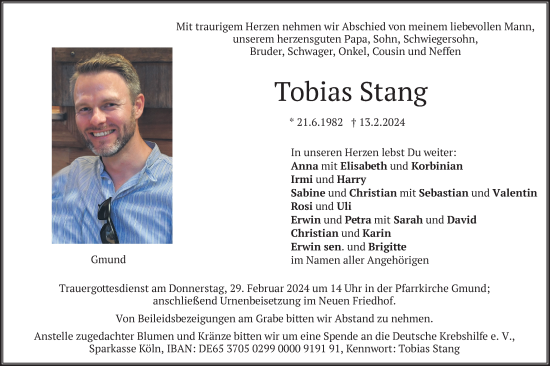 Traueranzeige von Tobias Stang von merkurtz