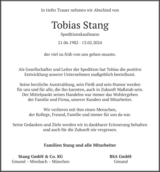 Traueranzeige von Tobias Stang von merkurtz