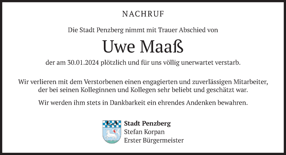  Traueranzeige für Uwe Maaß vom 10.02.2024 aus Das Gelbe Blatt Penzberg