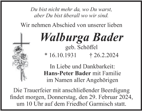 Traueranzeige von Walburga Bader von merkurtz