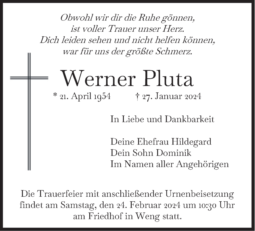  Traueranzeige für Werner Pluta vom 17.02.2024 aus merkurtz