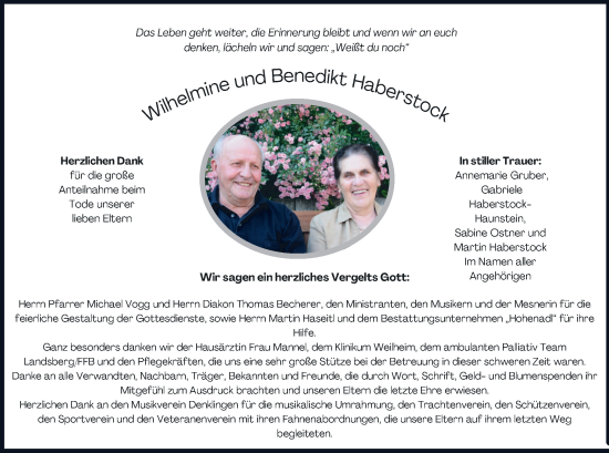 Traueranzeige von Wilhelmine und Benedikt Haberstock von merkurtz