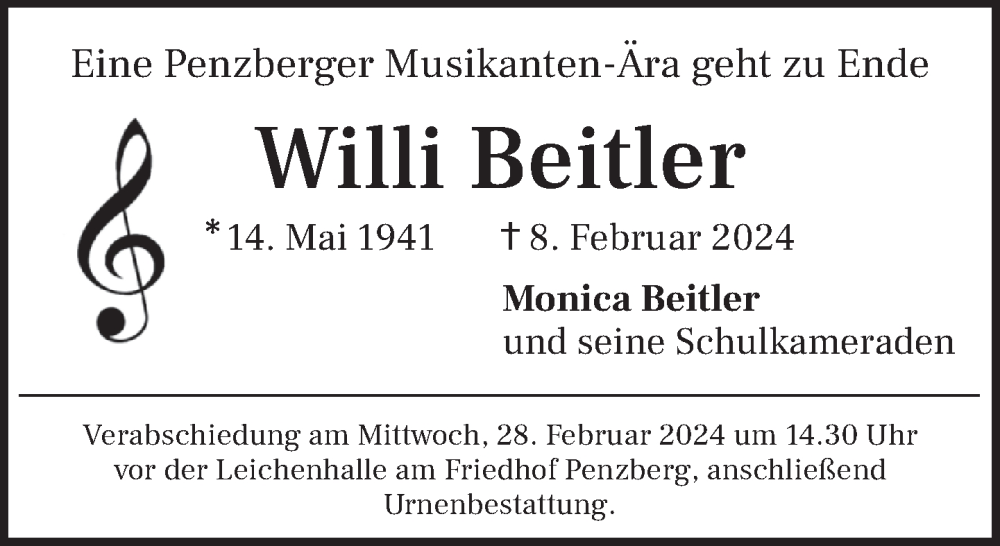  Traueranzeige für Willi Beitler vom 23.02.2024 aus Das Gelbe Blatt Penzberg