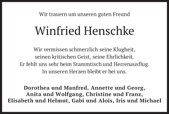Traueranzeige von Winfried Henschke von merkurtz