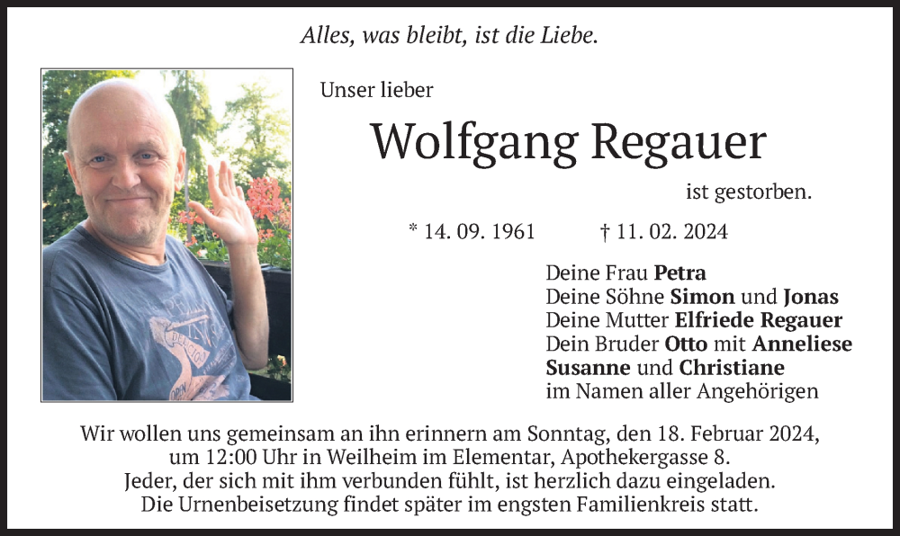  Traueranzeige für Wolfgang Regauer vom 15.02.2024 aus merkurtz