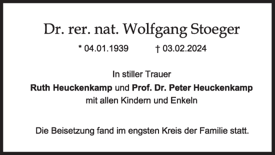 Traueranzeige von Wolfgang Stoeger von merkurtz