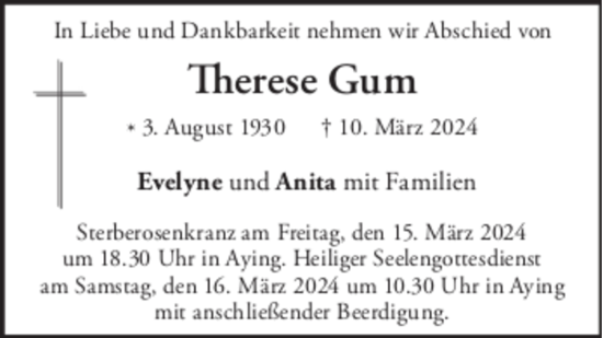 Traueranzeige von Therese Gum von merkurtz