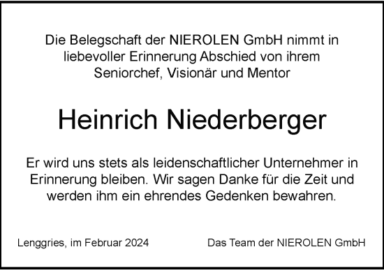 Traueranzeige von Heinrich Niederberger von 	merkurtz