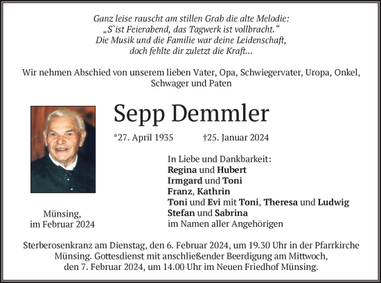 Traueranzeige von Sepp Demmler von merkurtz