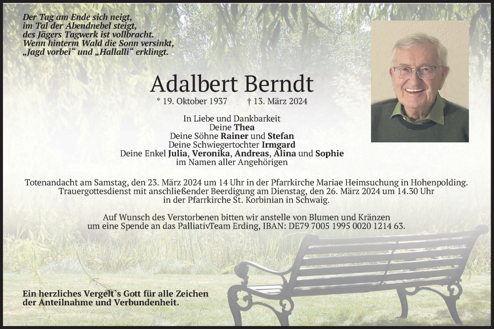  Traueranzeige für Adalbert Berndt vom 16.03.2024 aus merkurtz