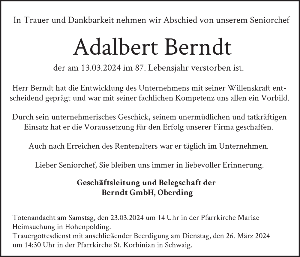  Traueranzeige für Adalbert Berndt vom 19.03.2024 aus merkurtz