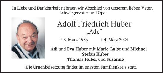 Traueranzeige von Adolf Friedrich Huber von merkurtz