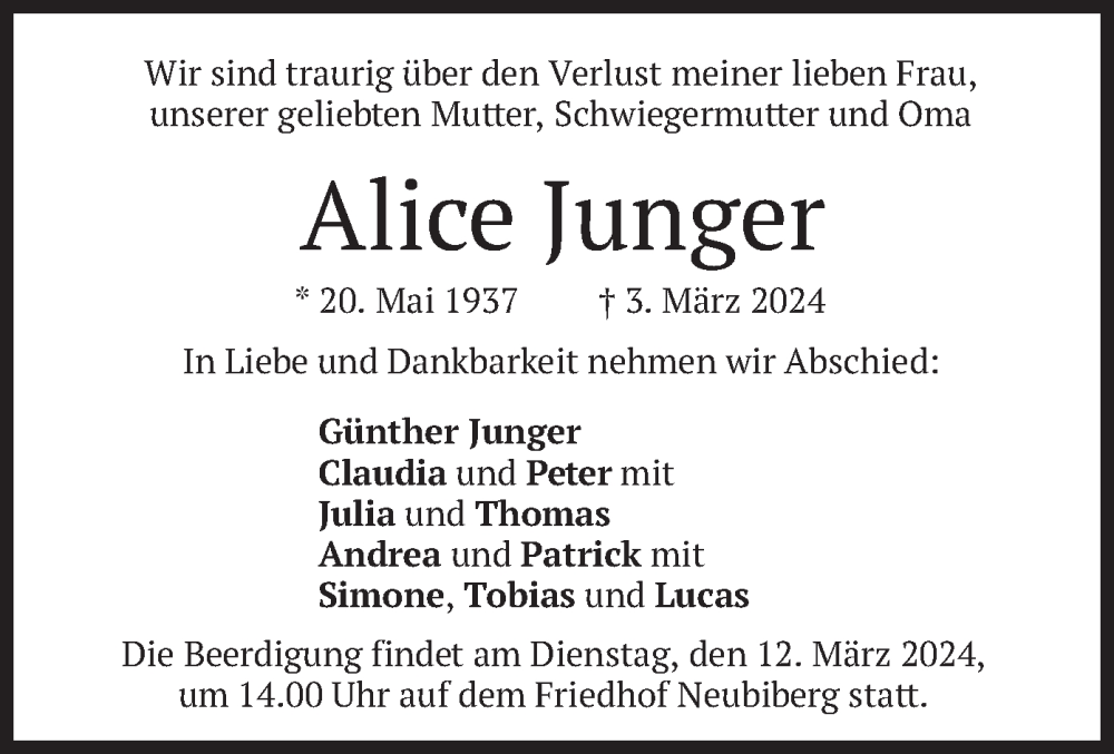  Traueranzeige für Alice Junger vom 09.03.2024 aus merkurtz