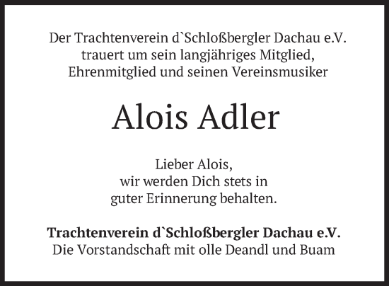 Traueranzeige von Alois Adler von merkurtz