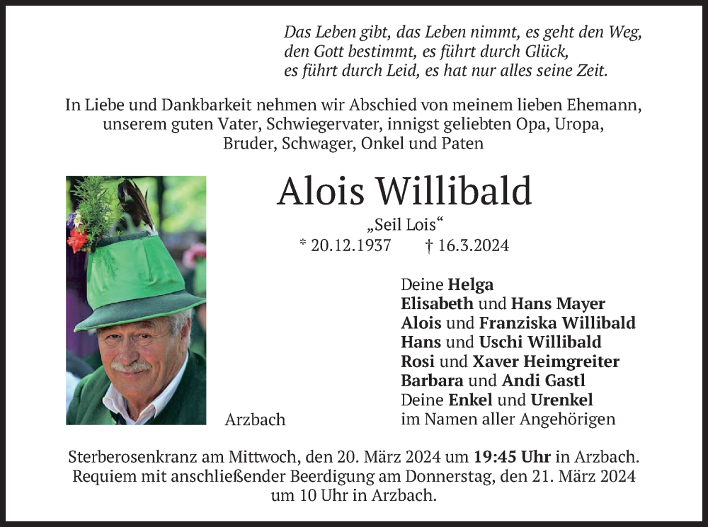  Traueranzeige für Alois Willibald vom 19.03.2024 aus merkurtz