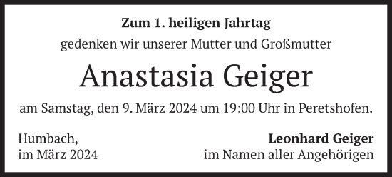 Traueranzeige von Anastasia Geiger von merkurtz