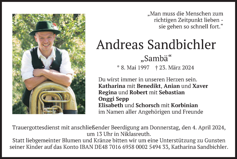 Traueranzeige für Andreas Sandbichler vom 28.03.2024 aus merkurtz