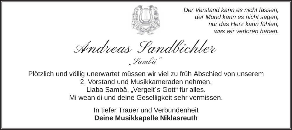 Traueranzeige für Andreas Sandbichler vom 30.03.2024 aus merkurtz