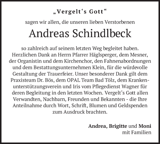 Traueranzeige von Andreas Schindlbeck von merkurtz