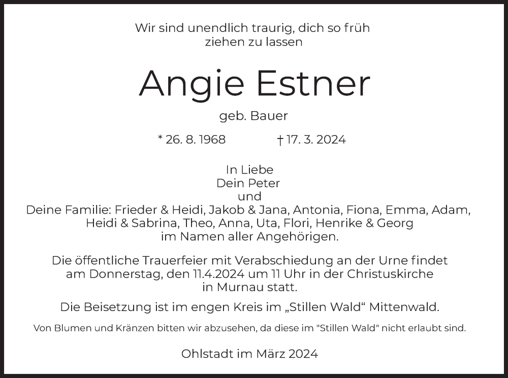  Traueranzeige für Angie Estner vom 30.03.2024 aus merkurtz