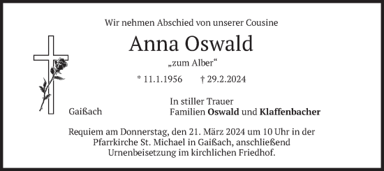 Traueranzeige von Anna Oswald von merkurtz
