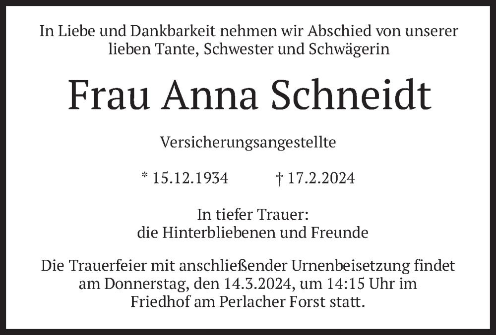  Traueranzeige für Anna Schneidt vom 09.03.2024 aus merkurtz