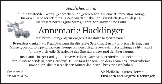 Traueranzeige von Annemarie Hacklinger von merkurtz