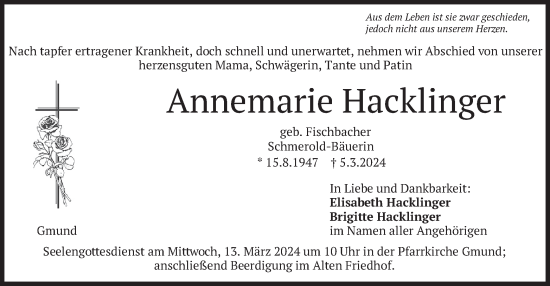 Traueranzeige von Annemarie Hacklinger von merkurtz