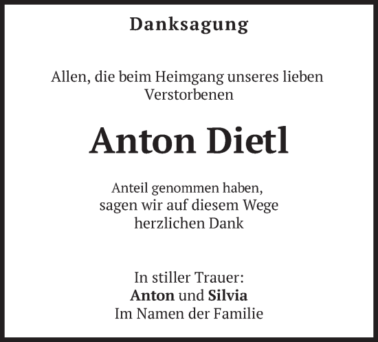 Traueranzeige von Anton Dietl von merkurtz