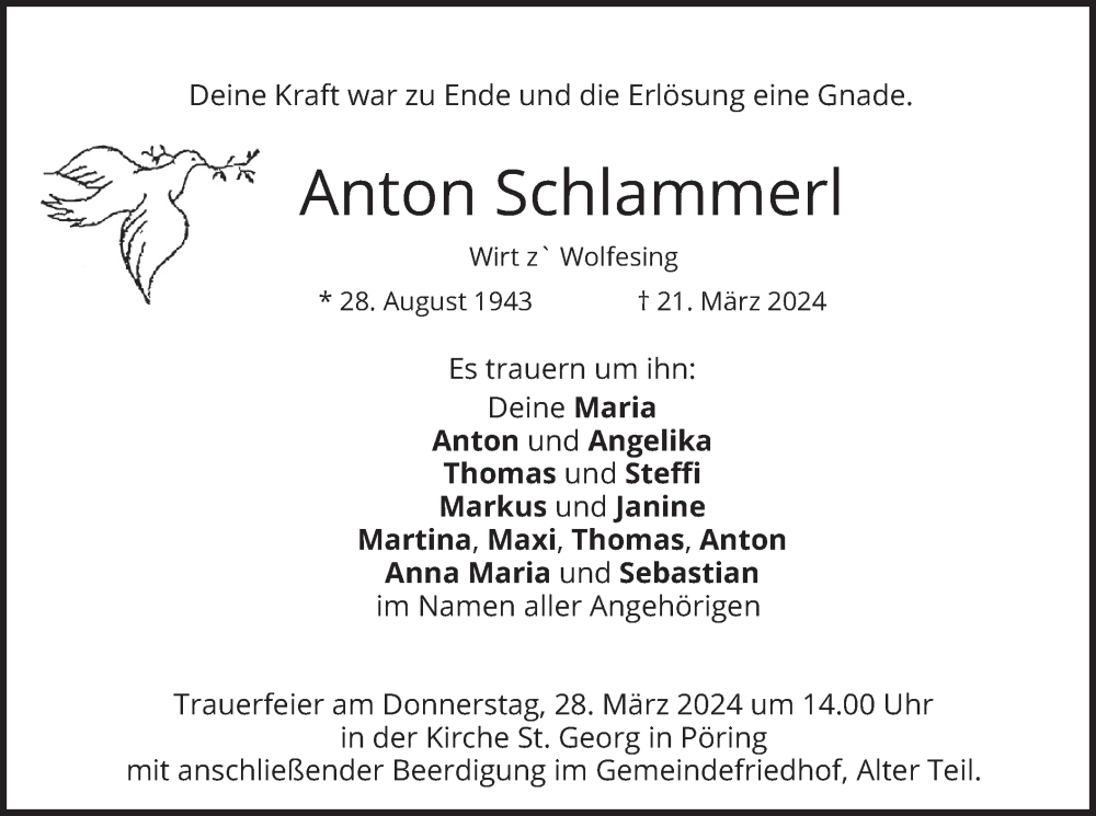  Traueranzeige für Anton Schlammerl vom 26.03.2024 aus merkurtz