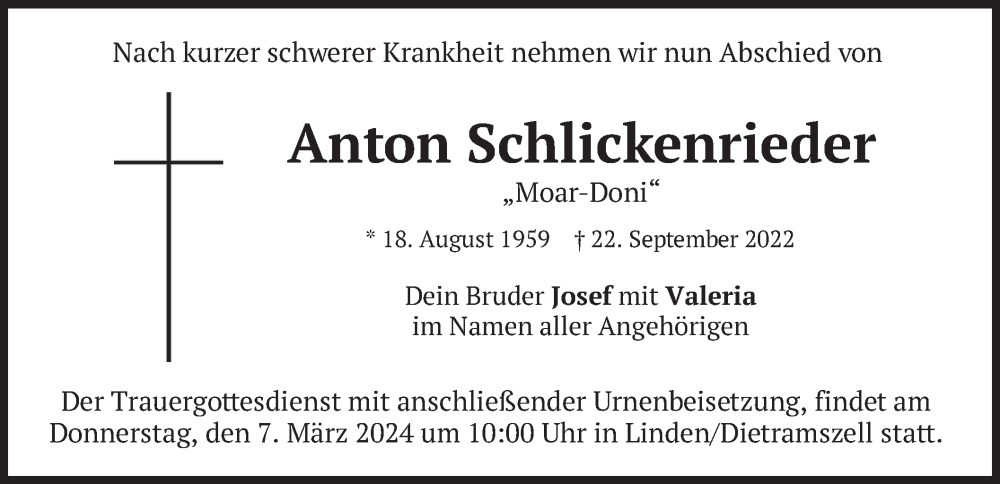  Traueranzeige für Anton Schlickenrieder vom 02.03.2024 aus merkurtz