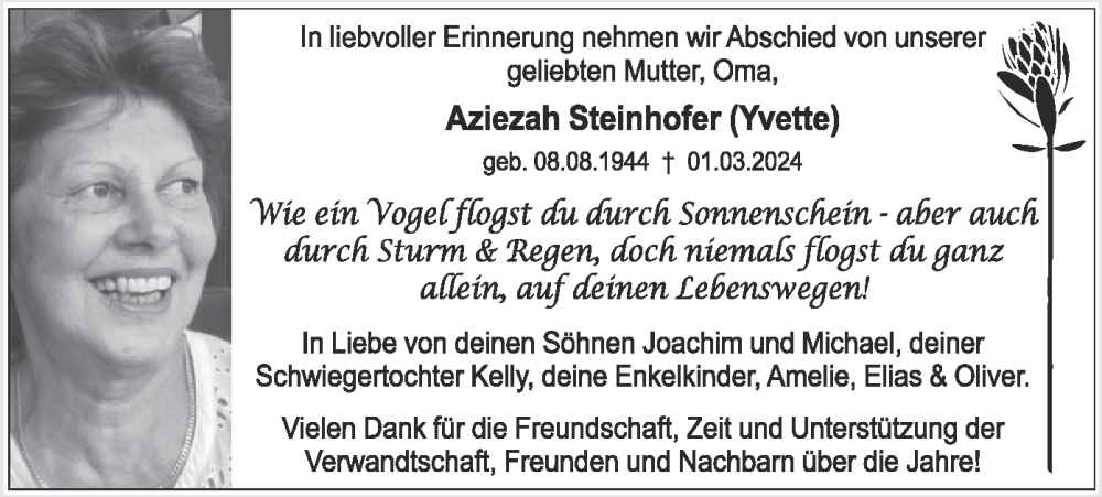 Traueranzeige für Aziezah Steinhofer vom 09.03.2024 aus merkurtz