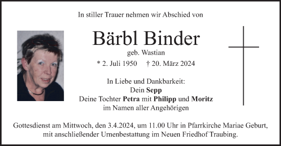 Traueranzeige von Bärbl Binder von merkurtz