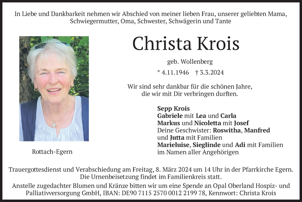  Traueranzeige für Christa Krois vom 06.03.2024 aus merkurtz