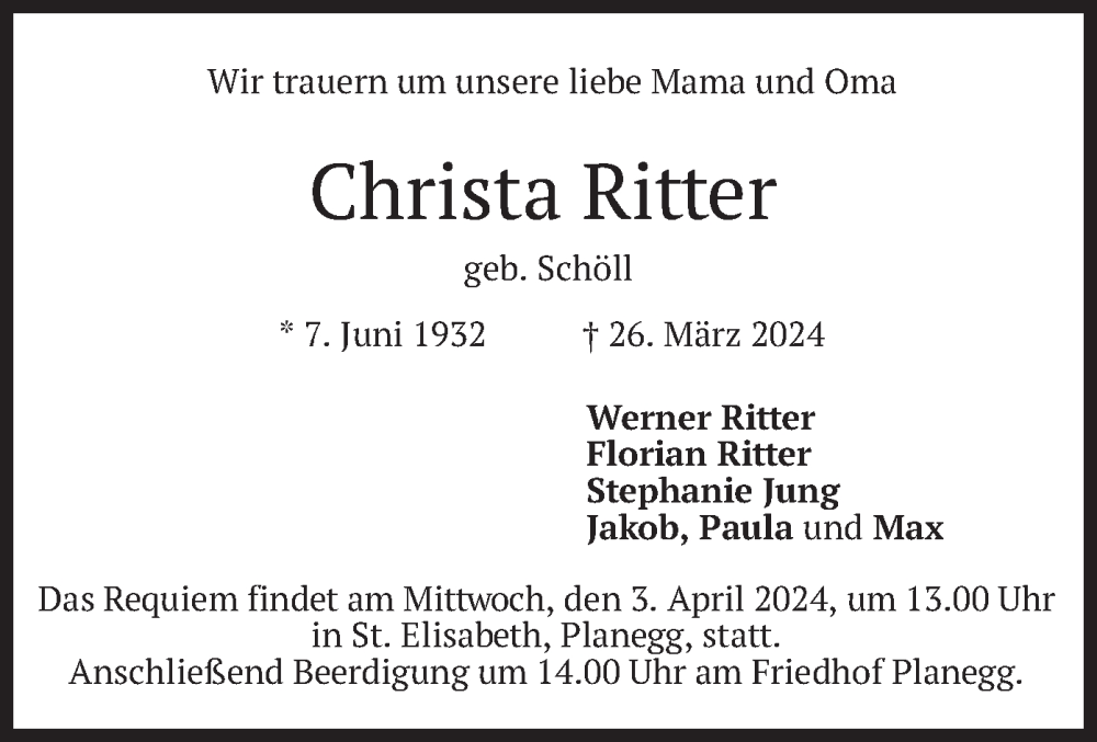  Traueranzeige für Christa Ritter vom 30.03.2024 aus merkurtz