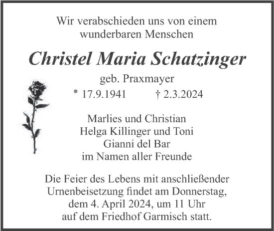 Traueranzeige von Christel Maria Schatzinger von merkurtz
