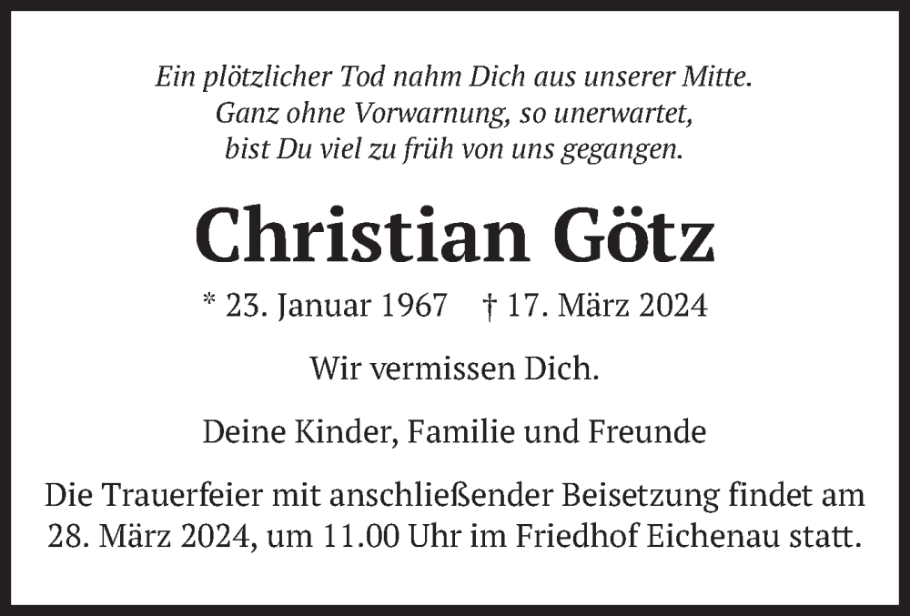  Traueranzeige für Christian Götz vom 23.03.2024 aus merkurtz