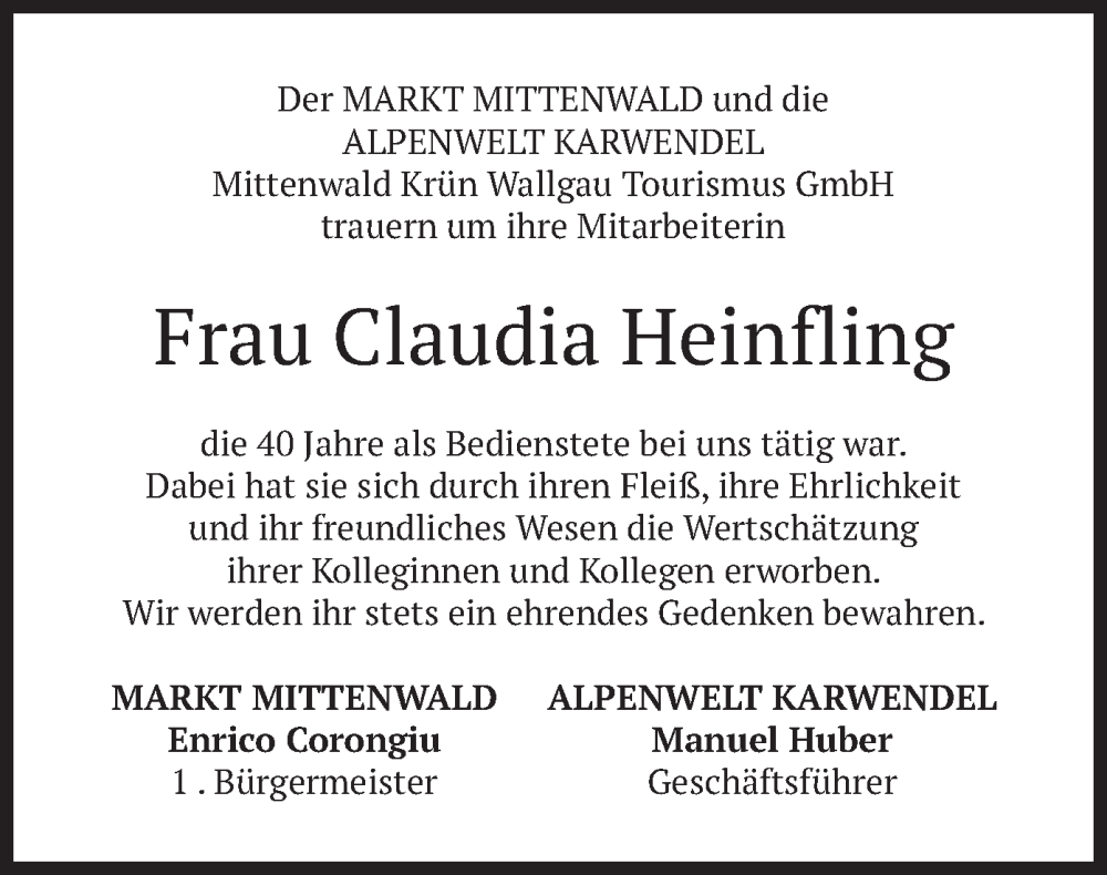  Traueranzeige für Claudia Heinfling vom 13.03.2024 aus merkurtz