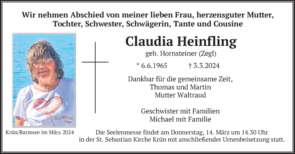  Traueranzeige für Claudia Heinfling vom 09.03.2024 aus merkurtz