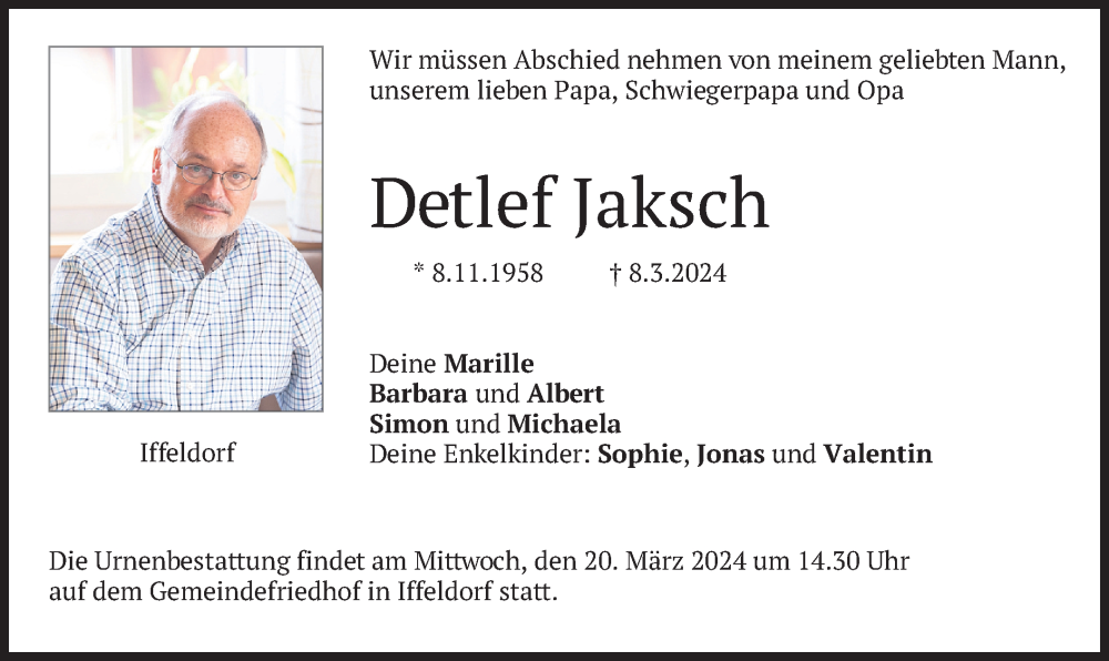 Traueranzeige für Detlef Jaksch vom 16.03.2024 aus merkurtz