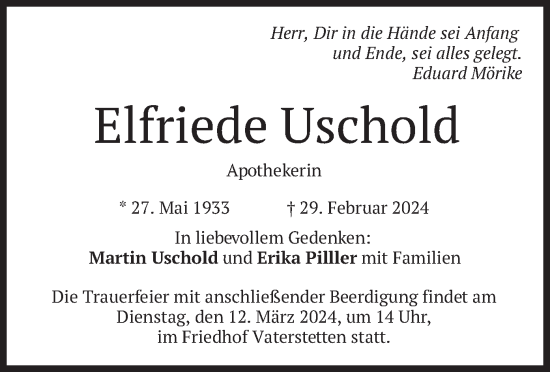 Traueranzeige von Elfriede Uschold von merkurtz