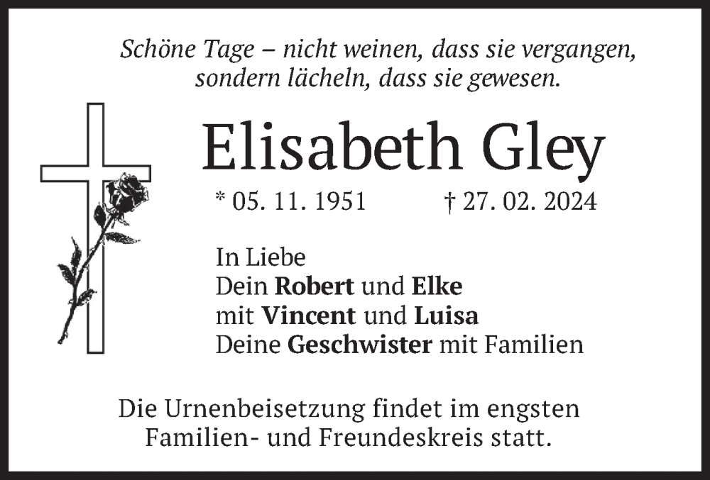  Traueranzeige für Elisabeth Gley vom 02.03.2024 aus merkurtz