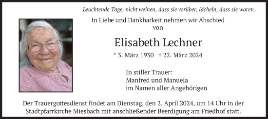 Traueranzeige von Elisabeth Lechner von merkurtz